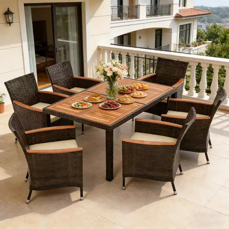 Gymax 7 PCS Patio Wicker Dining Set w/ Outdoor Dining Table 6 Stackable Cushioned Chairs Acacia Wood Armrests & Tabletop Umbrella Hole