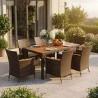 Gymax 7 PCS Patio Wicker Dining Set w/ Outdoor Dining Table 6 Stackable Cushioned Chairs Acacia Wood Armrests & Tabletop Umbrella Hole