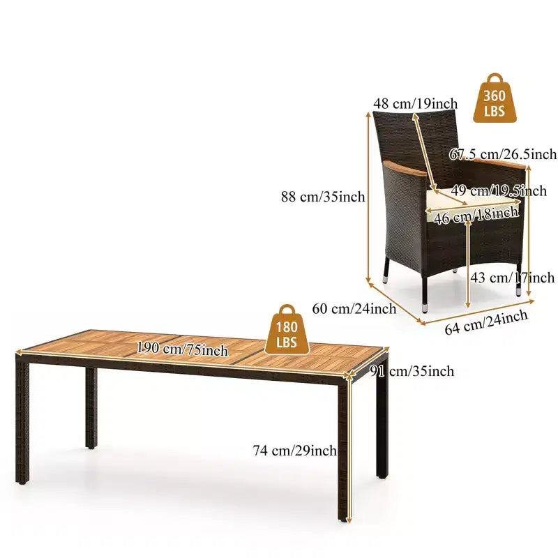 Gymax 7 PCS Patio Wicker Dining Set w/ Outdoor Dining Table 6 Stackable Cushioned Chairs Acacia Wood Armrests & Tabletop Umbrella Hole