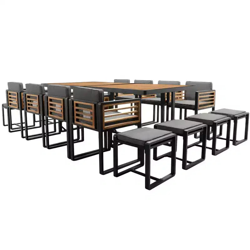 GDFStudio Ernest Patio Modern Acacia Wood 18-Piece Dining Set with 2 Tables, 8 Cushioned Chairs and 8 Ottomans