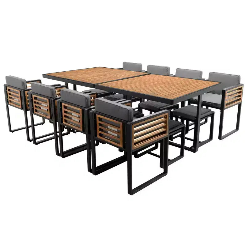 GDFStudio Ernest Patio Modern Acacia Wood 18-Piece Dining Set with 2 Tables, 8 Cushioned Chairs and 8 Ottomans
