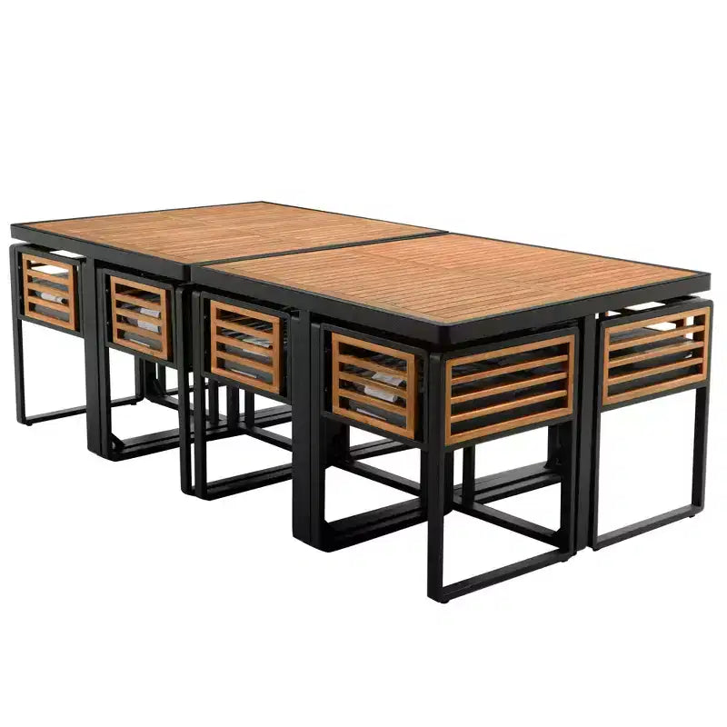 GDFStudio Ernest Patio Modern Acacia Wood 18-Piece Dining Set with 2 Tables, 8 Cushioned Chairs and 8 Ottomans