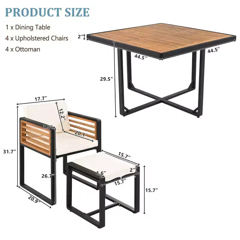 GDFStudio Ernest Patio Modern Acacia Wood 18-Piece Dining Set with 2 Tables, 8 Cushioned Chairs and 8 Ottomans