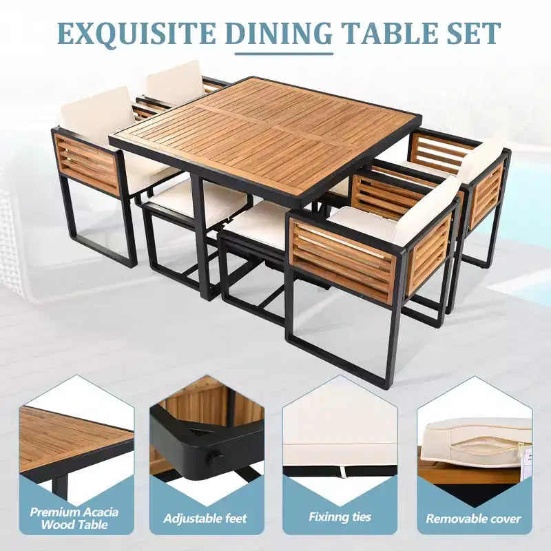 GDFStudio Ernest Patio Modern Acacia Wood 18-Piece Dining Set with 2 Tables, 8 Cushioned Chairs and 8 Ottomans
