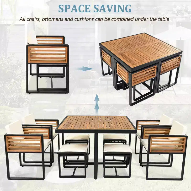 GDFStudio Ernest Patio Modern Acacia Wood 18-Piece Dining Set with 2 Tables, 8 Cushioned Chairs and 8 Ottomans