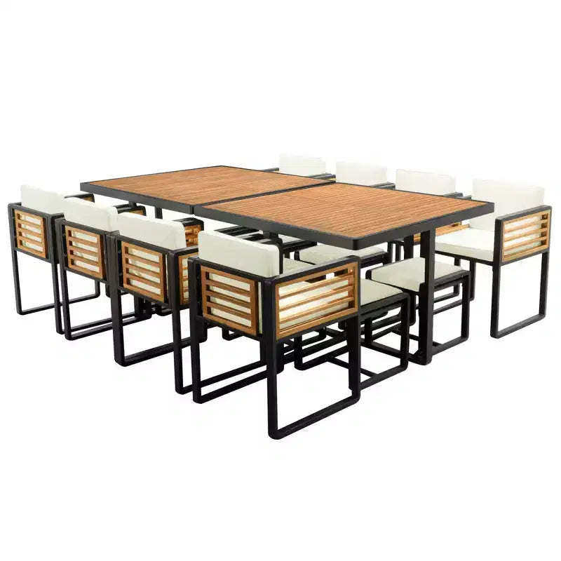 GDFStudio Ernest Patio Modern Acacia Wood 18-Piece Dining Set with 2 Tables, 8 Cushioned Chairs and 8 Ottomans
