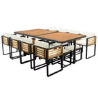 GDFStudio Ernest Patio Modern Acacia Wood 18-Piece Dining Set with 2 Tables, 8 Cushioned Chairs and 8 Ottomans