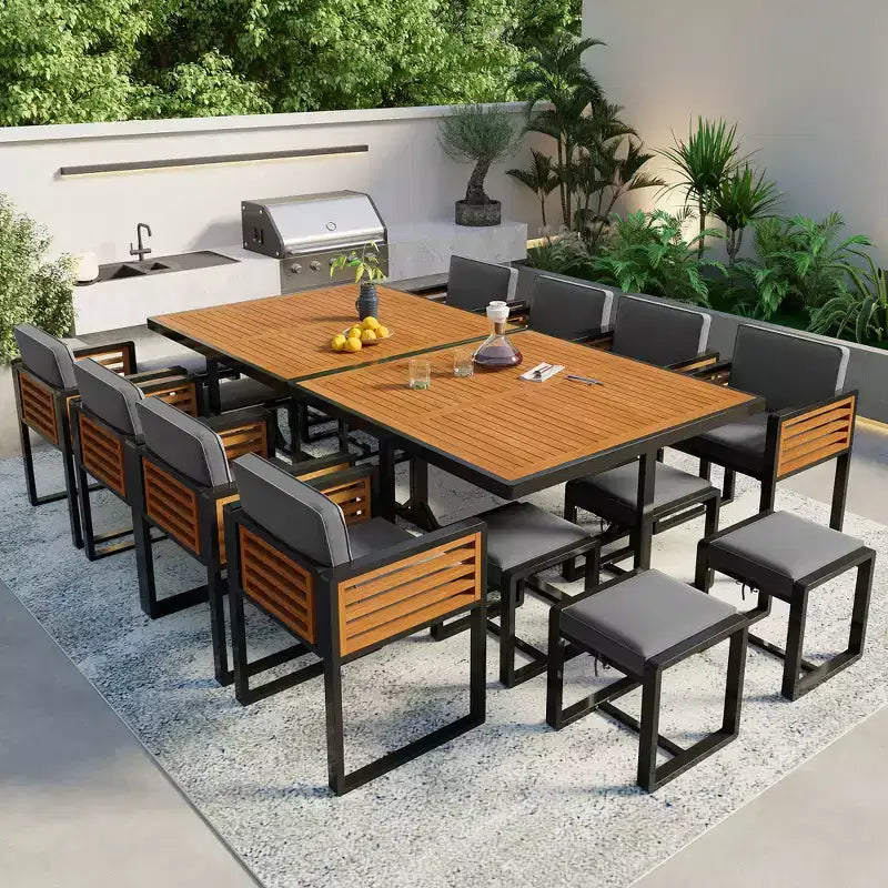 GDFStudio Ernest modernes 18-teiliges Terrassen-Esszimmerset aus Akazienholz mit 2 Tischen, 8 gepolsterten Stühlen und 8 Hockern