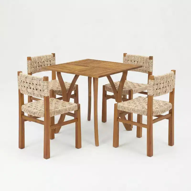 Christopher Knight Home Ginni Farmhouse 5 Piece Acacia Wood Dining Set with Slatted Design and Wicker Weave