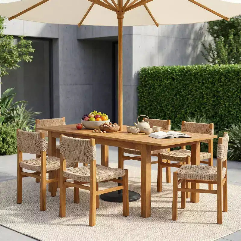 Christopher Knight Home Lan Farmhouse 7 Piece Acacia Wood Dining Set with Expandable Table and Wicker Design