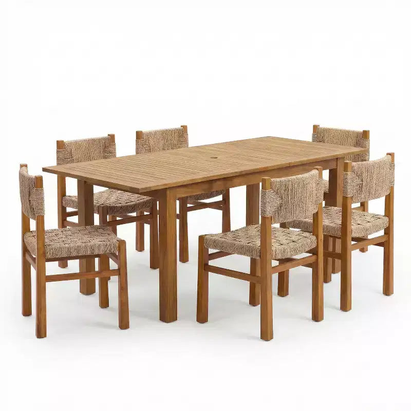 Christopher Knight Home Lan Farmhouse 7 Piece Acacia Wood Dining Set with Expandable Table and Wicker Design
