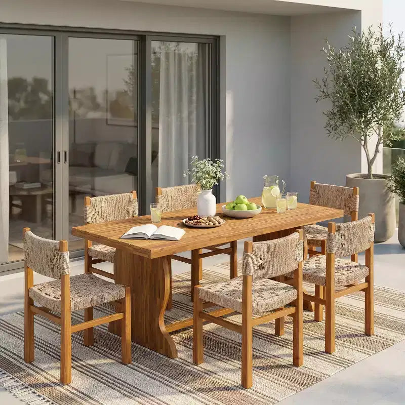Christopher Knight Home Riccardo Farmhouse 5 Piece Acacia Wood Dining Set with Wicker and Slatted Design