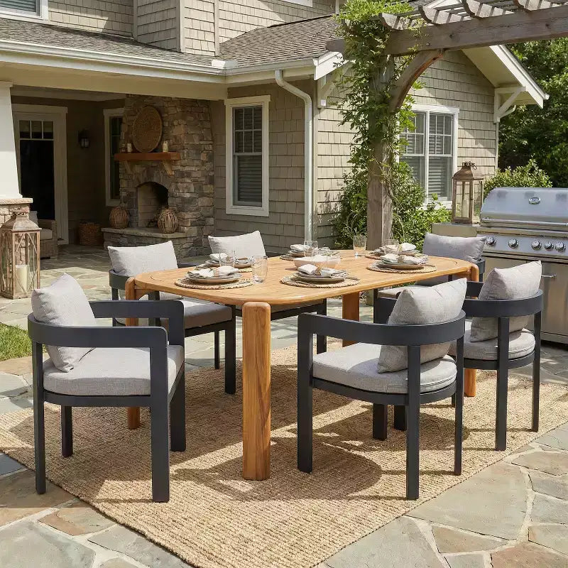 Christopher Knight Home Elko Modern 7 Piece Outdoor Acacia Wood Slatted Dining Table with Aluminum Chairs and Cushions