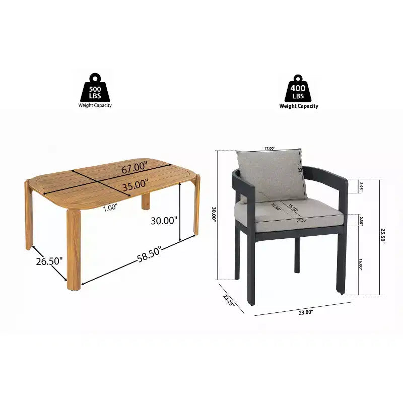 Christopher Knight Home Elko Modern 7 Piece Outdoor Acacia Wood Slatted Dining Table with Aluminum Chairs and Cushions