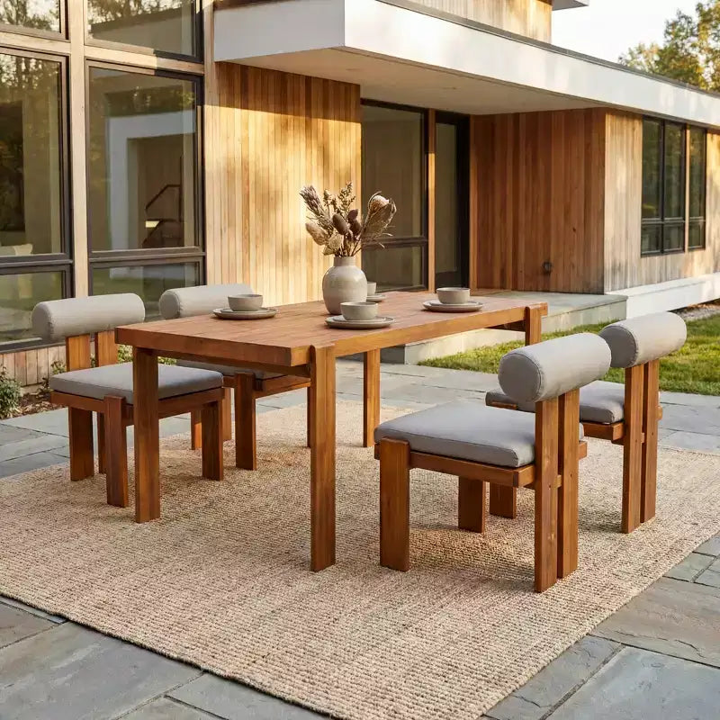 Christopher Knight Home Javier Modern 5 Piece Patio Acacia Upholstered Dining Set with Round Back and Slatted Table