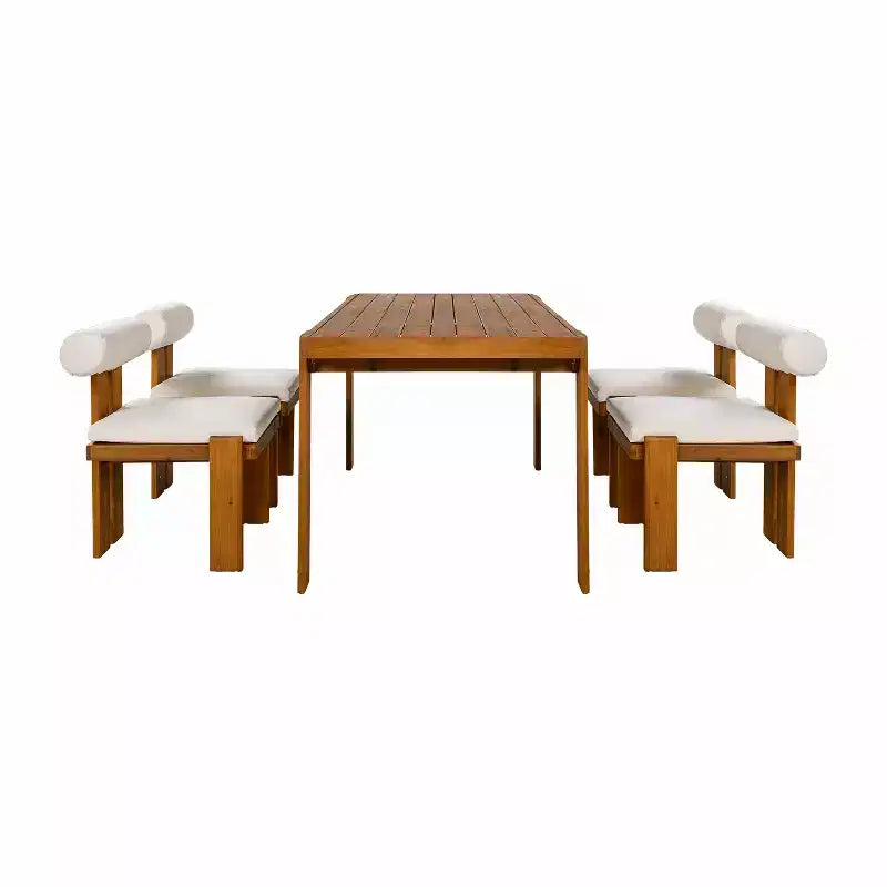 Christopher Knight Home Javier Modern 5 Piece Patio Acacia Upholstered Dining Set with Round Back and Slatted Table