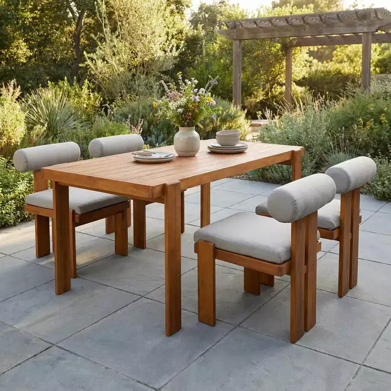 Christopher Knight Home Javier modernes 5-teiliges gepolstertes Esszimmerset aus Akazienholz für die Terrasse mit runder Rückenlehne und Tisch mit Lamellen