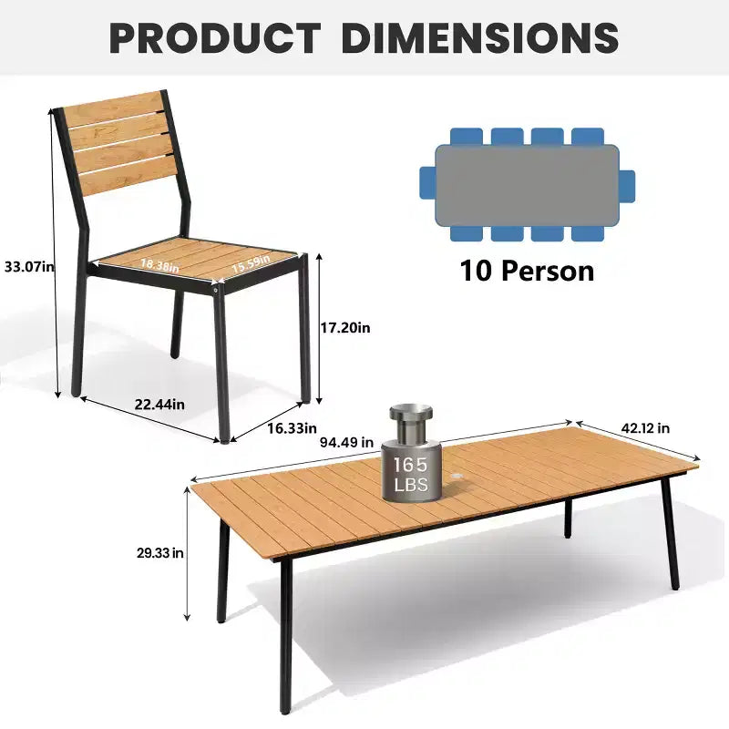 Crestlive Products 11PCS Large Gatherings Patio Dining Set Aluminum Frame Stackable Chairs Wood Like Table Umbrella Hole