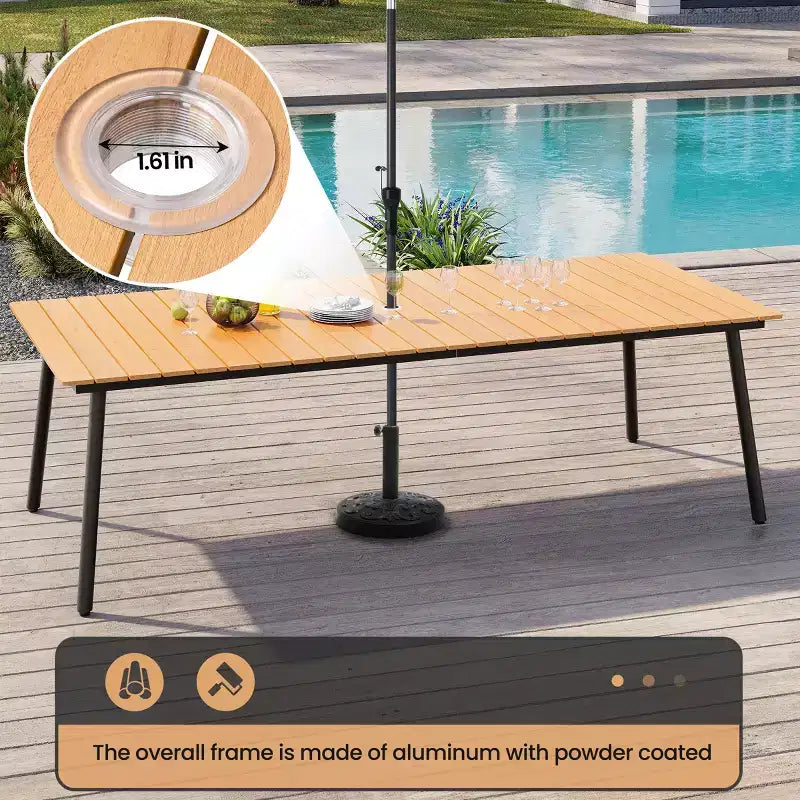 Crestlive Products 11PCS Large Gatherings Patio Dining Set Aluminum Frame Stackable Chairs Wood Like Table Umbrella Hole