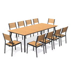 Crestlive Products 11PCS Large Gatherings Patio Dining Set Aluminum Frame Stackable Chairs Wood Like Table Umbrella Hole