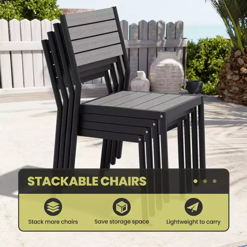 Crestlive Products 11PCS Large Gatherings Patio Dining Set Aluminum Frame Stackable Chairs Wood Like Table Umbrella Hole