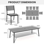Crestlive Products 11PCS Large Gatherings Patio Dining Set Aluminum Frame Stackable Chairs Wood Like Table Umbrella Hole