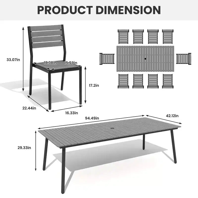 Crestlive Products 11PCS Large Gatherings Patio Dining Set Aluminum Frame Stackable Chairs Wood Like Table Umbrella Hole