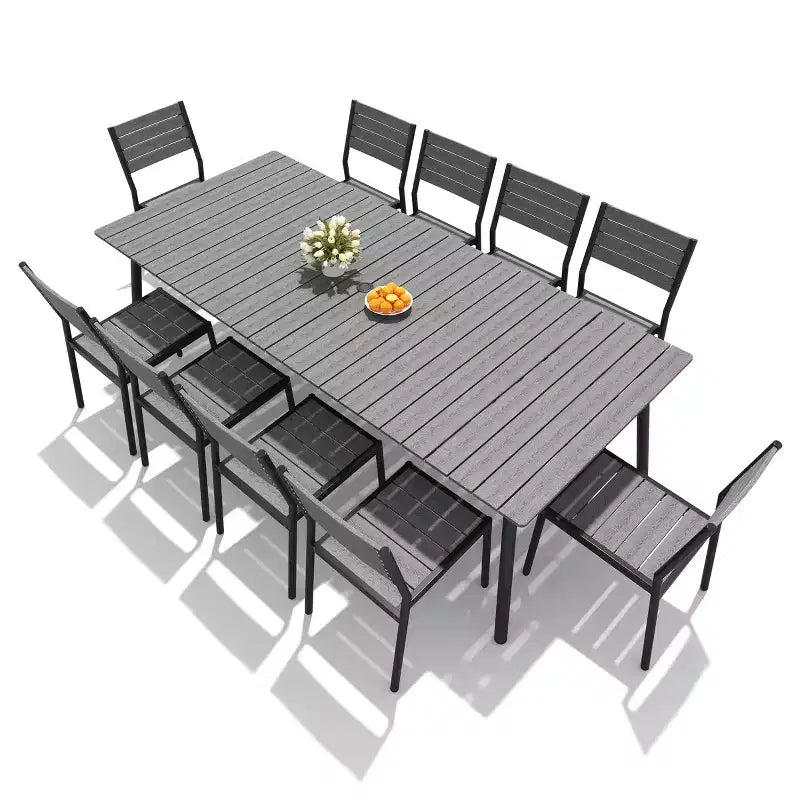 Crestlive Products 11PCS Large Gatherings Patio Dining Set Aluminum Frame Stackable Chairs Wood Like Table Umbrella Hole