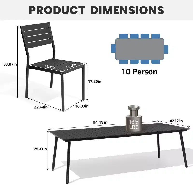Crestlive Products 11PCS Large Gatherings Patio Dining Set Aluminum Frame Stackable Chairs Wood Like Table Umbrella Hole