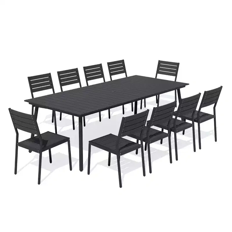Crestlive Products 11PCS Large Gatherings Patio Dining Set Aluminum Frame Stackable Chairs Wood Like Table Umbrella Hole