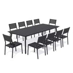 Crestlive Products 11PCS Large Gatherings Patio Dining Set Aluminum Frame Stackable Chairs Wood Like Table Umbrella Hole