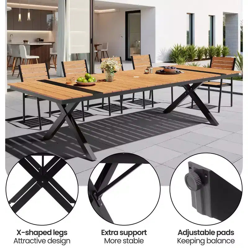 13PCS Extra Large Patio Dining Set X-Style Legs Stackable Chairs Wood Look Finish Table with Umbrella Hole
