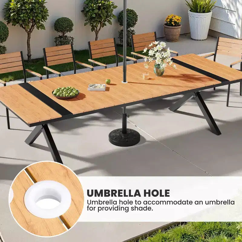 13PCS Extra Large Patio Dining Set X-Style Legs Stackable Chairs Wood Look Finish Table with Umbrella Hole