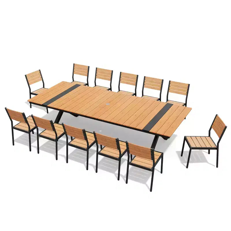 13PCS Extra Large Patio Dining Set X-Style Legs Stackable Chairs Wood Look Finish Table with Umbrella Hole