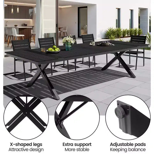 13PCS Extra Large Patio Dining Set X-Style Legs Stackable Chairs Wood Look Finish Table with Umbrella Hole