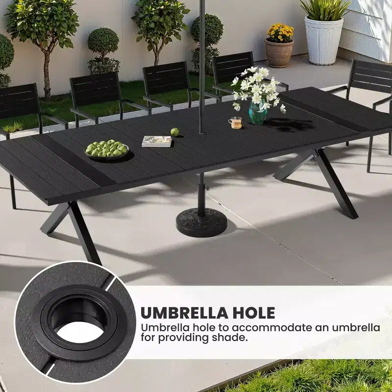 13PCS Extra Large Patio Dining Set X-Style Legs Stackable Chairs Wood Look Finish Table with Umbrella Hole