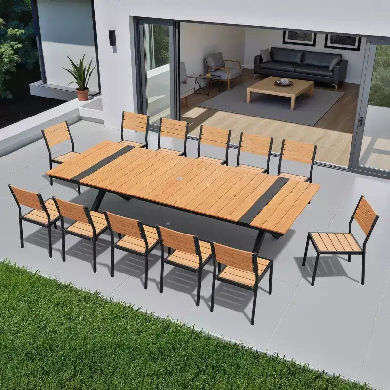 13-teiliges extra großes Patio-Esszimmer-Set mit Tisch mit X-förmigen Beinen, stapelbaren Stühlen, Holzoptik und Schirmloch