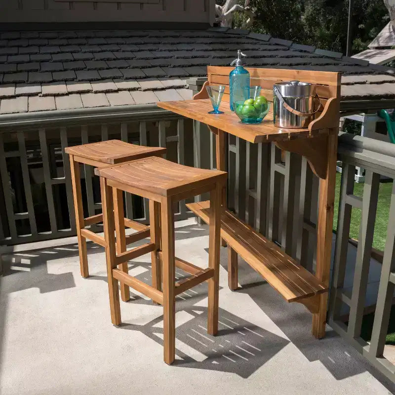 GDFStudio Pranav Modern 3 Piece Acacia Wood Slatted Balcony Bar Set with Bottom Shelf Table and 2 Stools