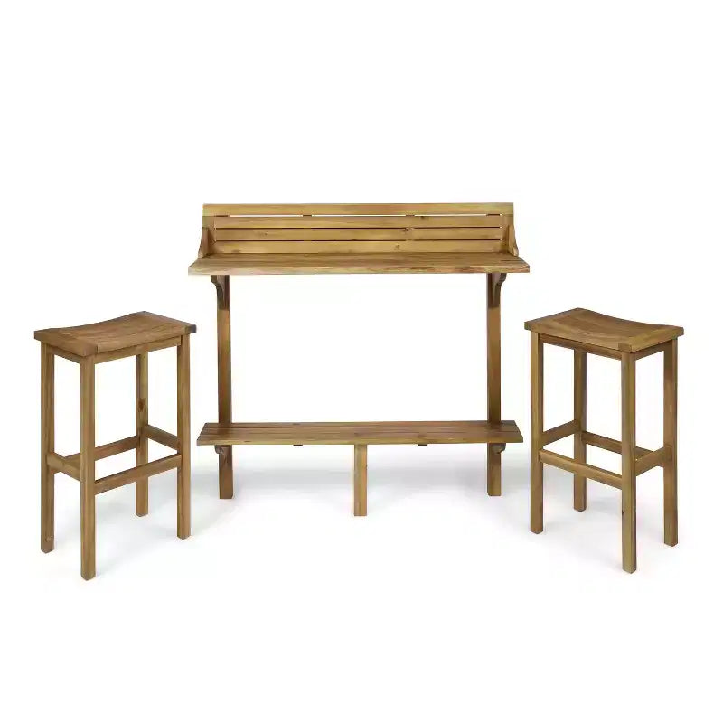 GDFStudio Pranav Modern 3 Piece Acacia Wood Slatted Balcony Bar Set with Bottom Shelf Table and 2 Stools