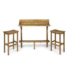 GDFStudio Pranav Modern 3 Piece Acacia Wood Slatted Balcony Bar Set with Bottom Shelf Table and 2 Stools