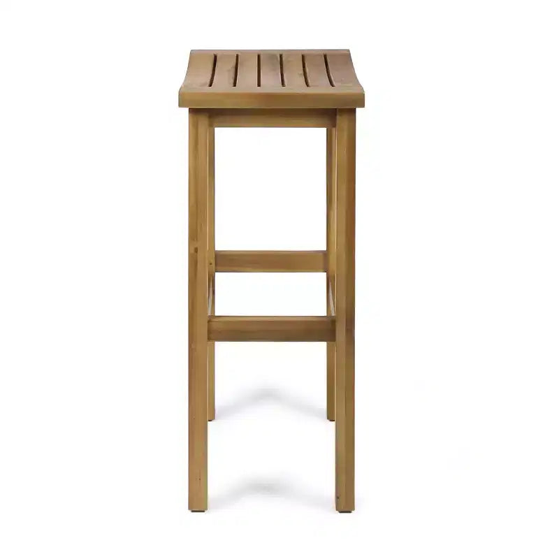GDFStudio Pranav Modern 3 Piece Acacia Wood Slatted Balcony Bar Set with Bottom Shelf Table and 2 Stools