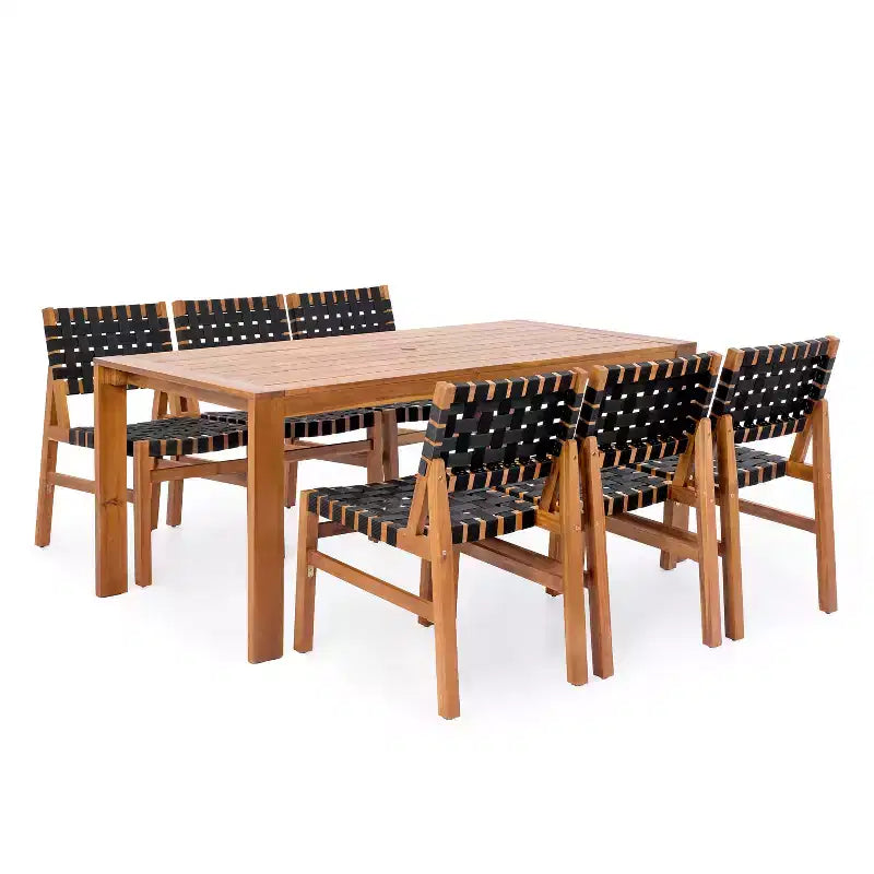 Christopher Knight Home Ratchanon Modern 7 Piece Acacia Wood Patio Dining Set with PE Woven Rope and Slatted Table