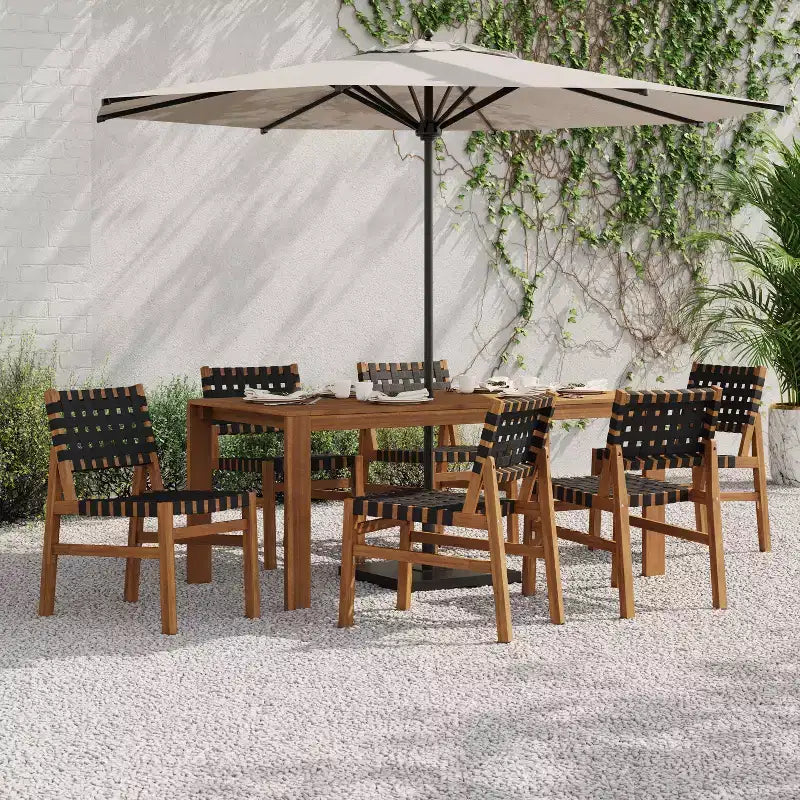 Christopher Knight Home Ratchanon modernes 7-teiliges Esszimmerset aus Akazienholz für die Terrasse mit geflochtenem PE-Seil und Tisch mit Lamellen