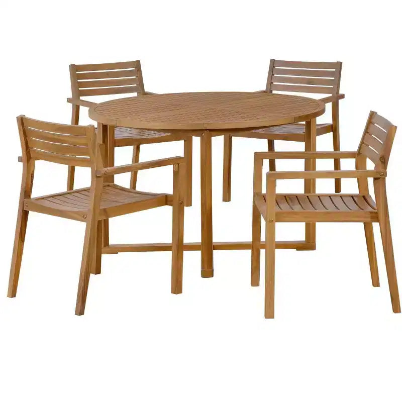 5-Piece Outdoor Acacia Wood Patio Dining Set for 4, Slatted Top Round Table and 4 Chairs, Backyard Furniture for Deck, Poolside-Panipeachy