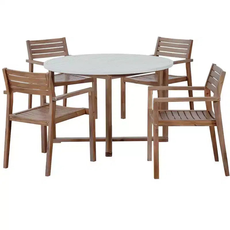 5-Piece Outdoor Acacia Wood Patio Dining Set for 4, Slatted Top Round Table and 4 Chairs, Backyard Furniture for Deck, Poolside-Panipeachy
