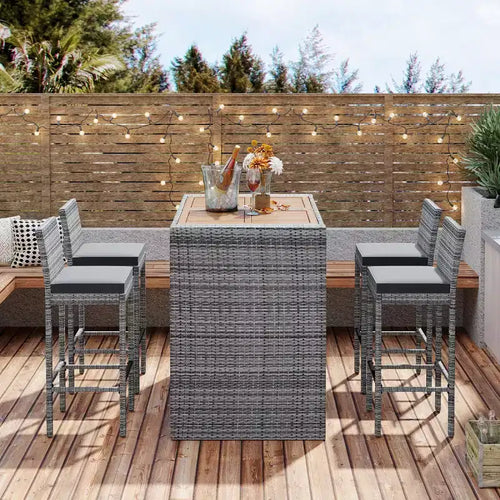 5-delige bar-eetset voor buiten met acaciahouten tafel en rieten barstoelen, weerbestendige meubels voor de achtertuin-Panipeachy