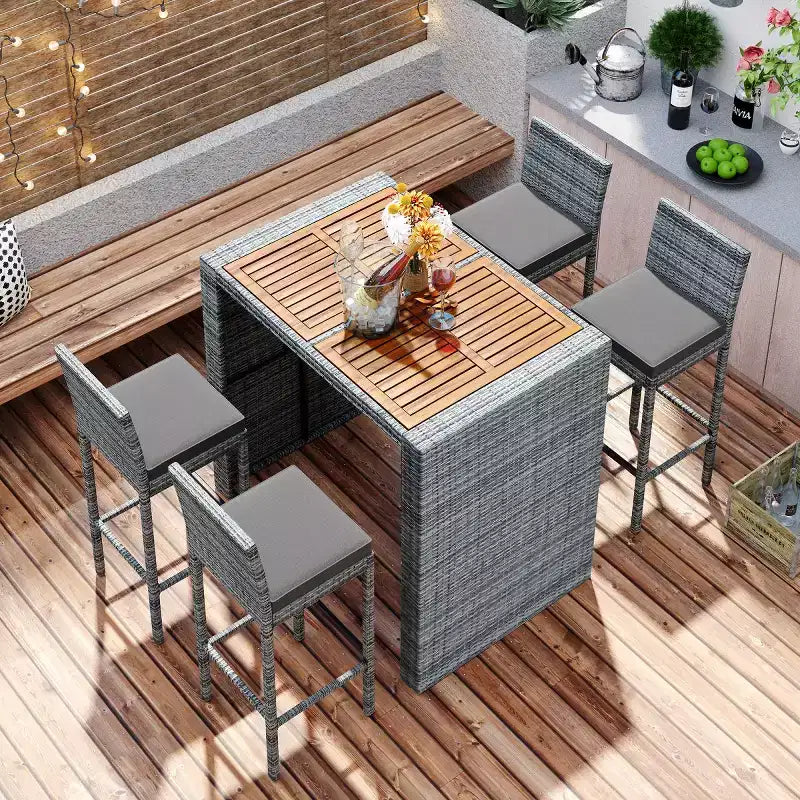 5-Piece Outdoor Patio Bar Dining Set with Acacia Wood Table and Wicker Bar Height Chairs, Weather-Resistant Furniture for Backyard-Panipeachy