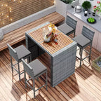 5-Piece Outdoor Patio Bar Dining Set with Acacia Wood Table and Wicker Bar Height Chairs, Weather-Resistant Furniture for Backyard-Panipeachy