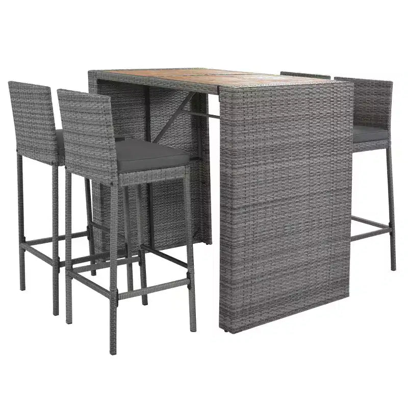 5-Piece Outdoor Patio Bar Dining Set with Acacia Wood Table and Wicker Bar Height Chairs, Weather-Resistant Furniture for Backyard-Panipeachy