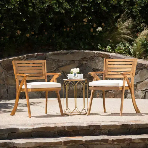 3-teiliges Outdoor-Essplatz-Set für die Terrasse, Hermosa KD-Holztisch und -stühle mit Polstern, Teak-Finish